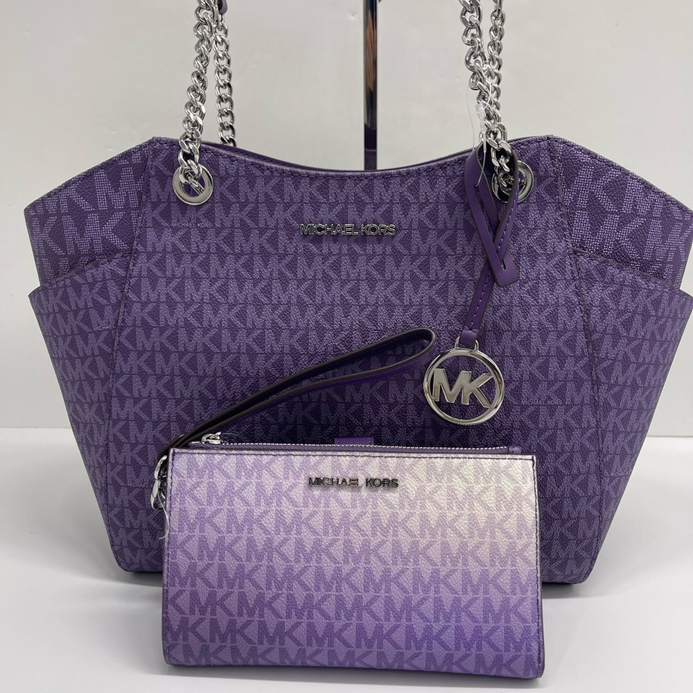 MICHAEL KORS JST Lg Chain Shoulder Tote & Double Zip Wristlet Wallet 
Dk Purple - Picture 2 of 16